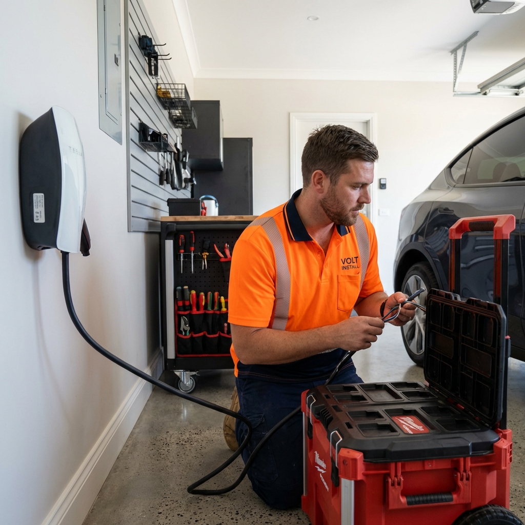 Professional electrician installing an EV charger in a residential garage