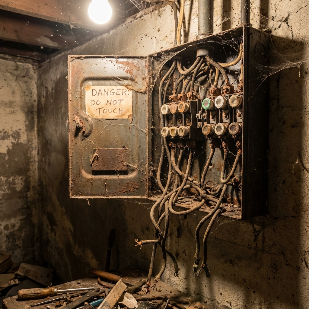 Outdated and potentially dangerous electrical panel with tangled wires