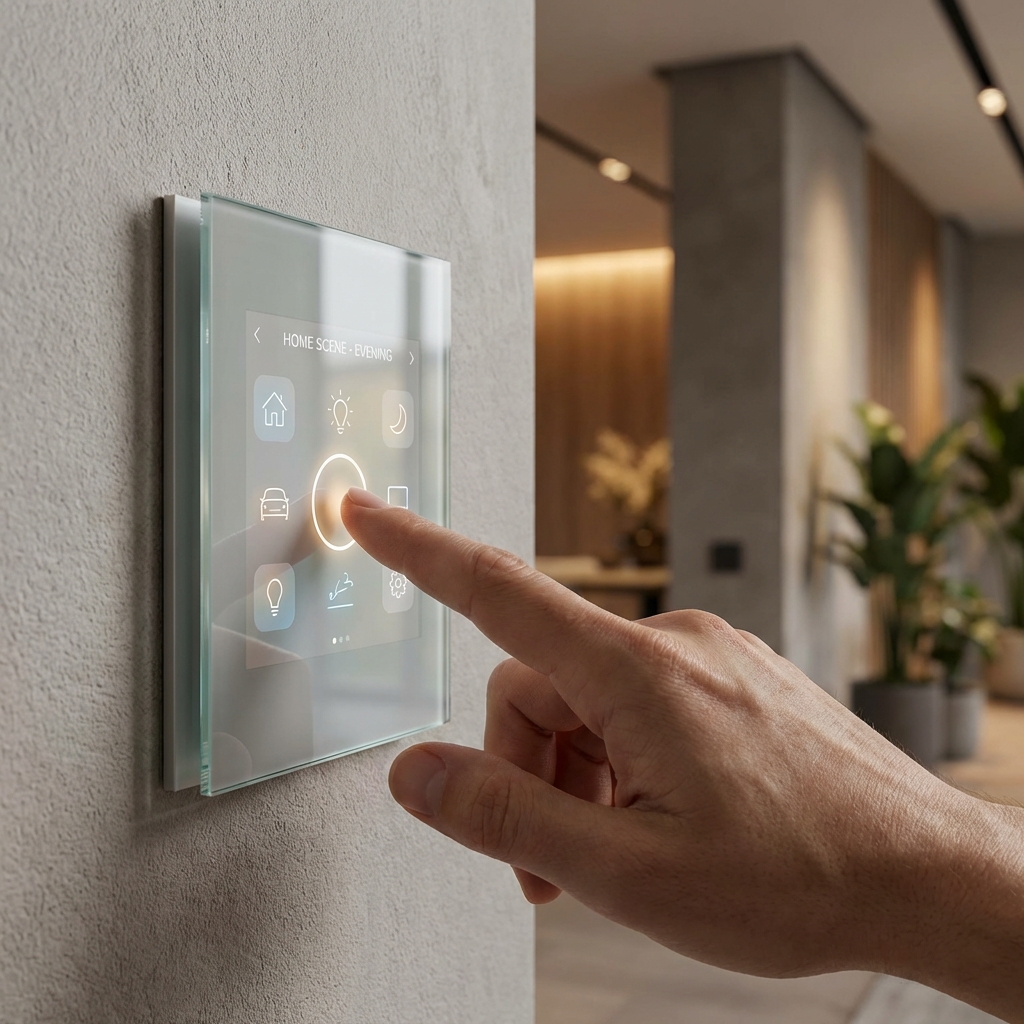 Hand operating a modern smart light switch on a wall