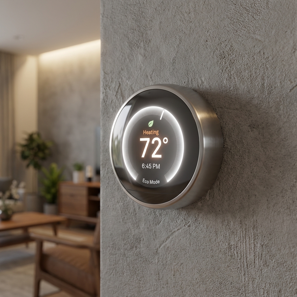 Modern smart thermostat displaying temperature on a wall